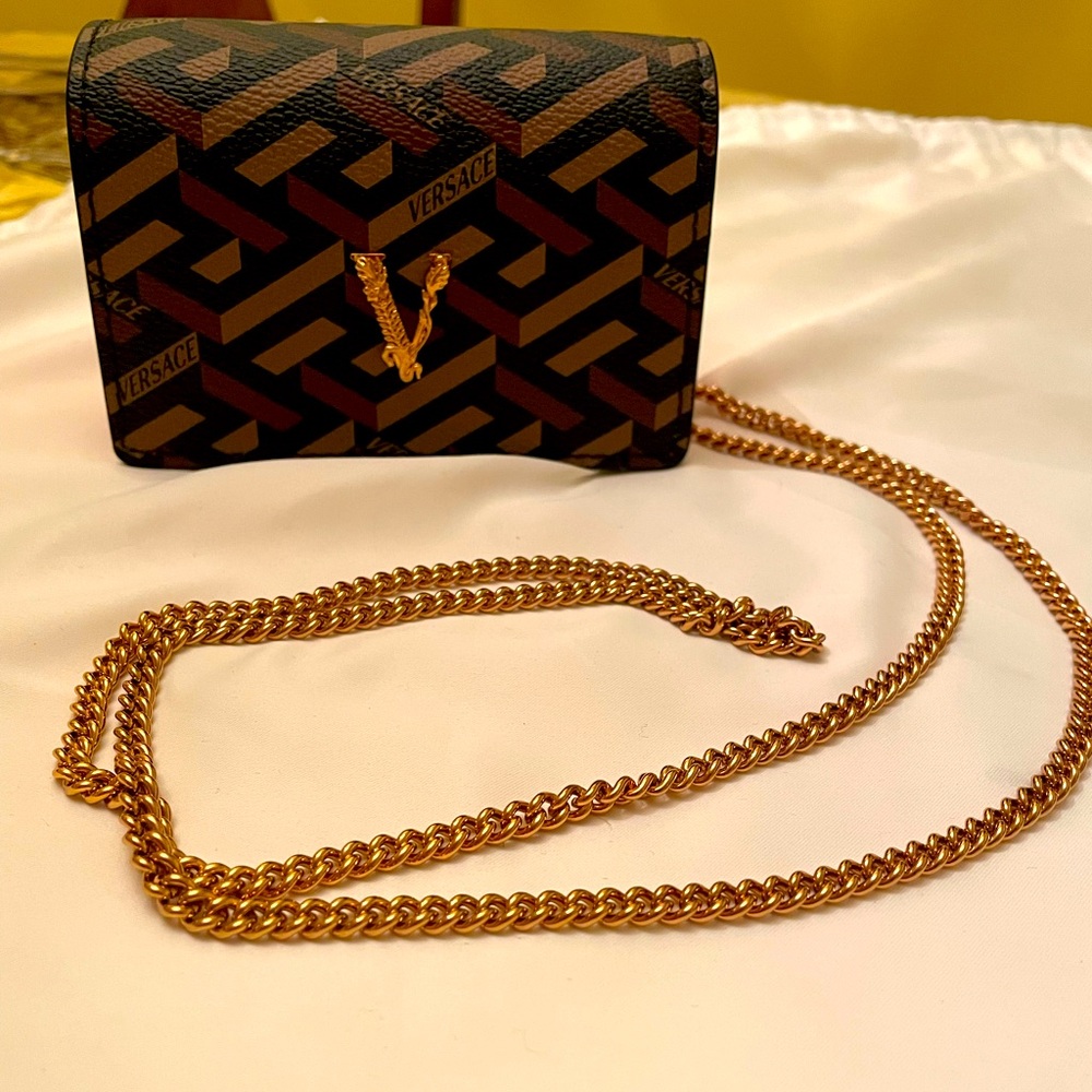 Versace Virtus La Greca Wallet on a Chain, Crossbody, Mini Shoulder Bag